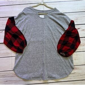 Honey Me Curvy Grey Buffalo Plaid Balloon Sleeve Keyhole Top XXXL